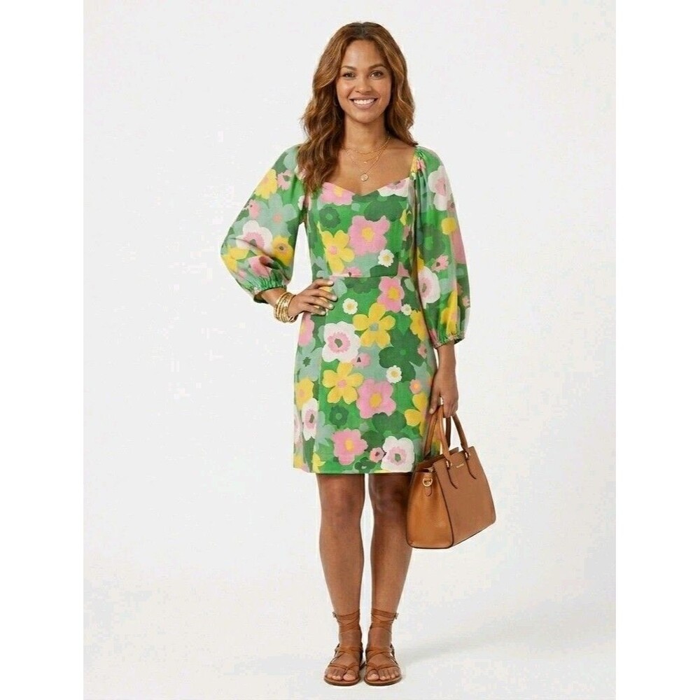 Sugarlips Women's Large Green Floral Mini Dress Puff Sleeve Square Neck